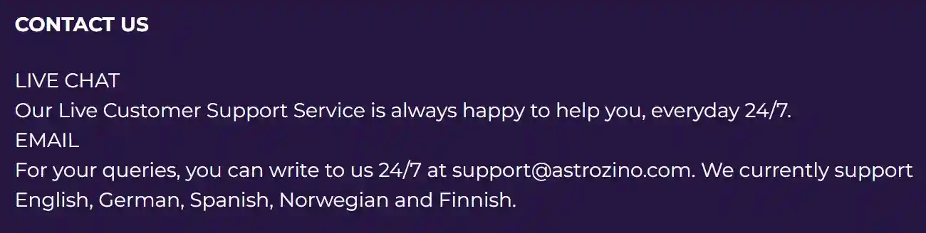 Player Support at Astrozino Casino